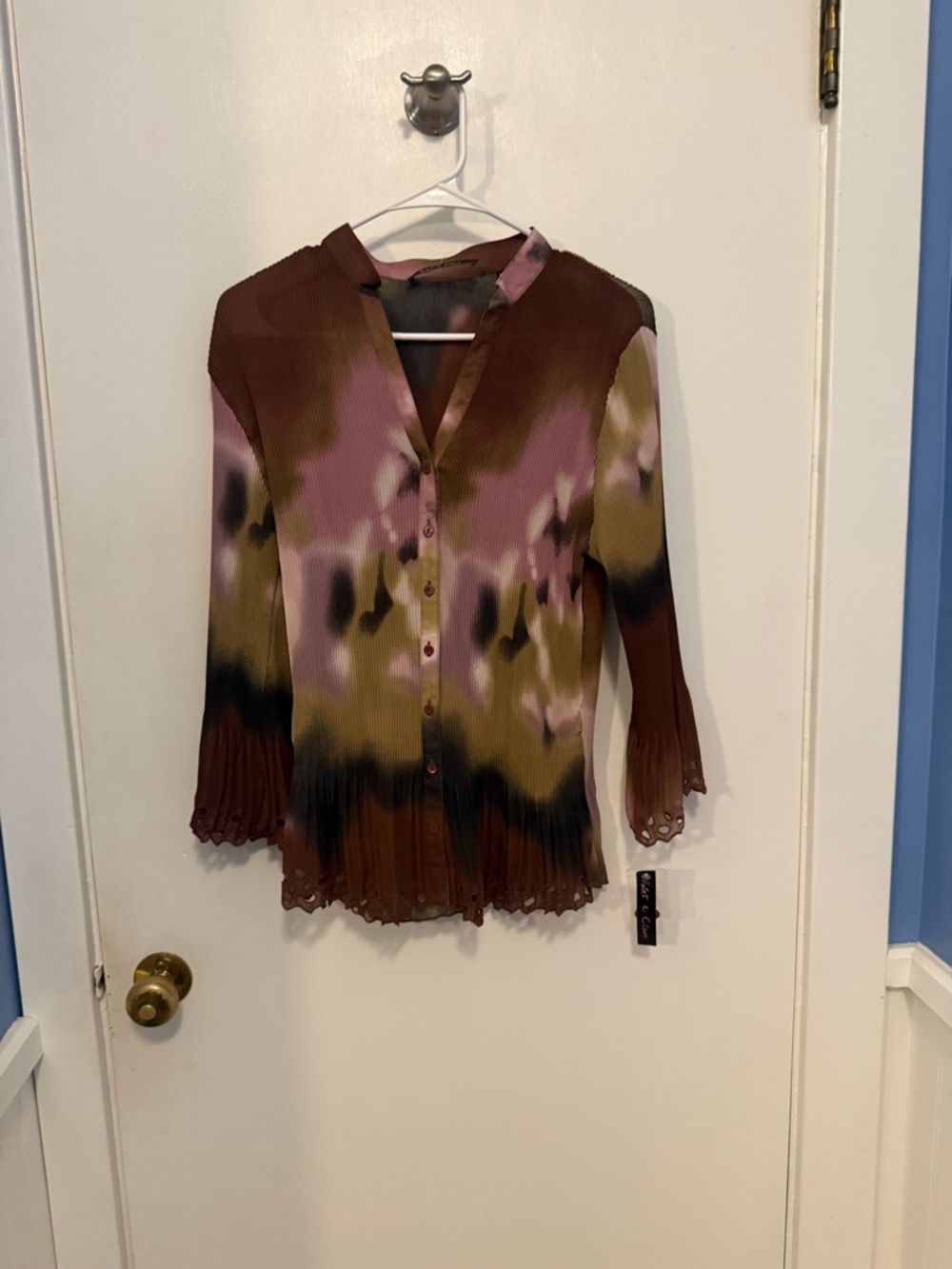 Violet & Claire Tie-Dye Pleated Button Blouse - Pink, Brown, Olive